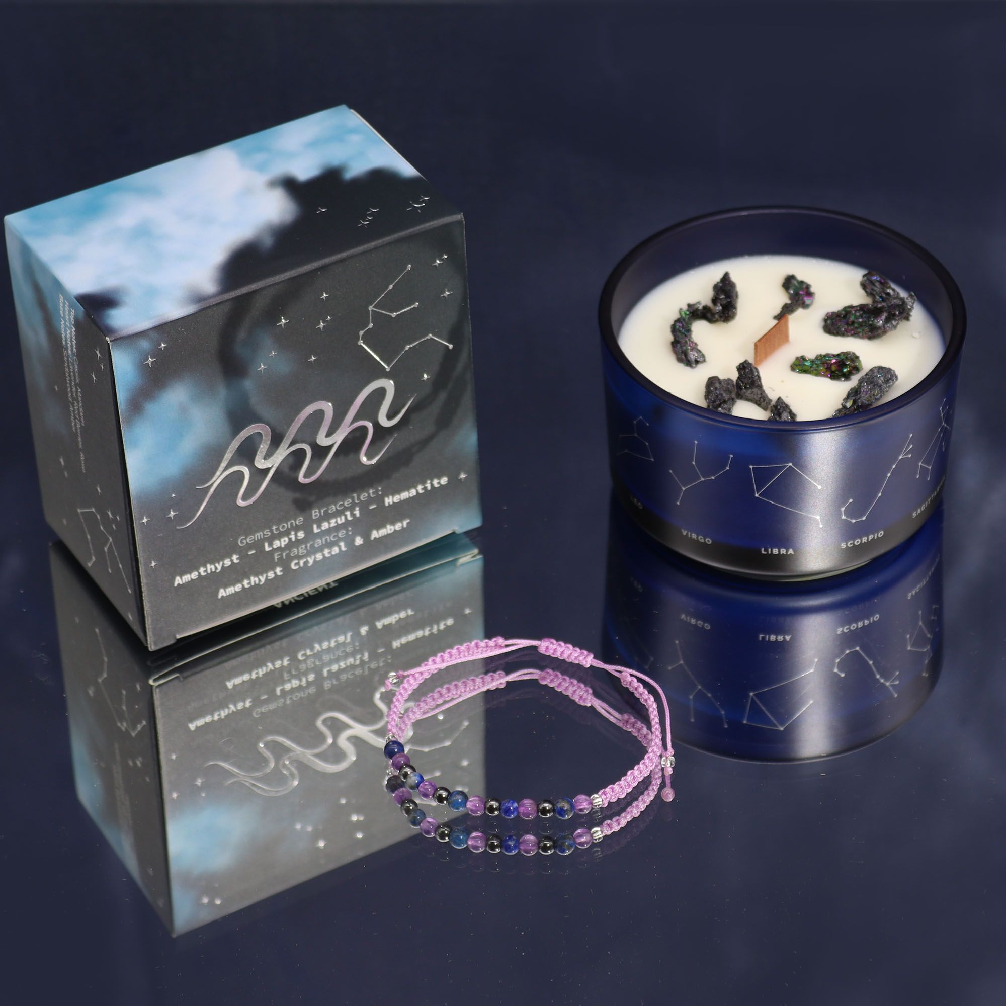 Vela de cristal del zodiaco con pulsera de piedras preciosas - Aquarious