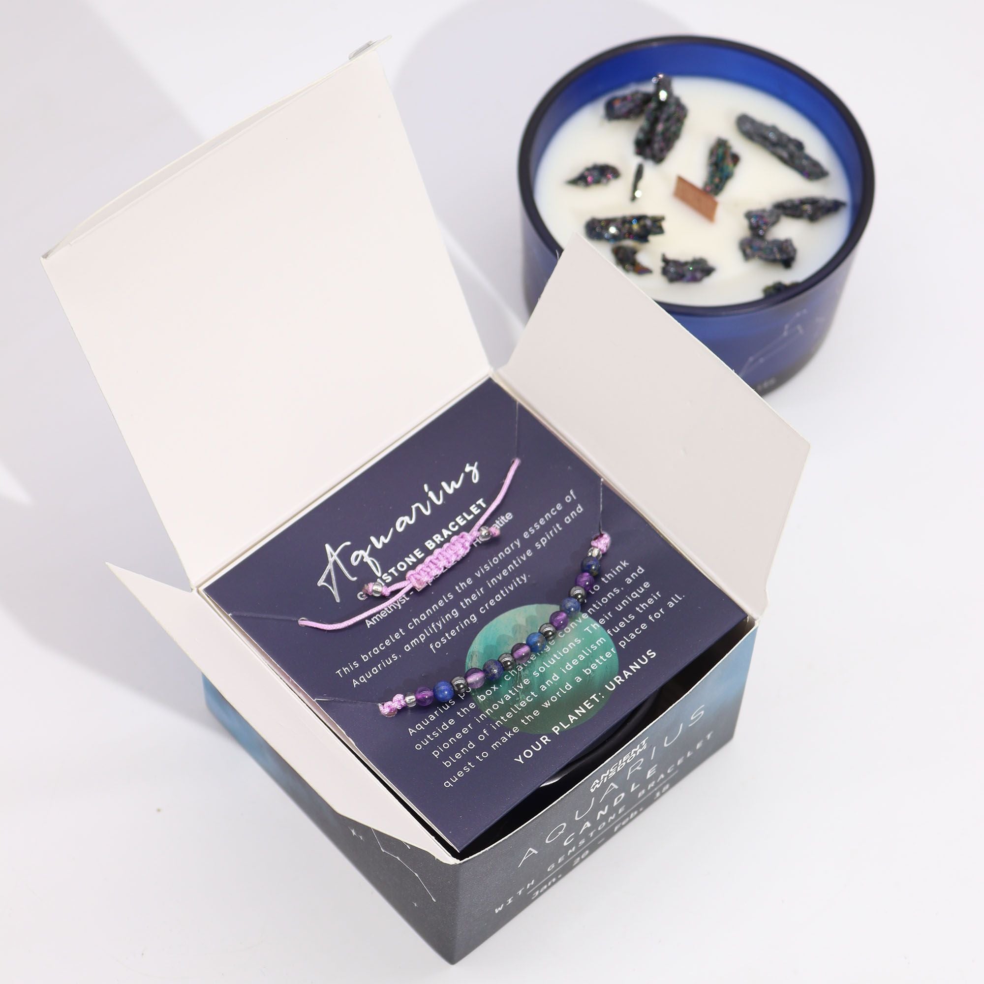 Vela de cristal del zodiaco con pulsera de piedras preciosas - Aquarious