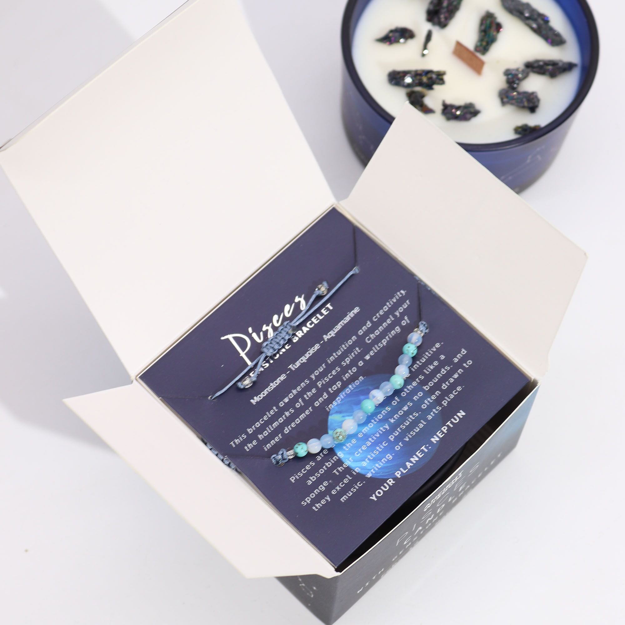 Vela de Cristal del Zodiaco con Pulsera de Piedras Preciosas - Piscis