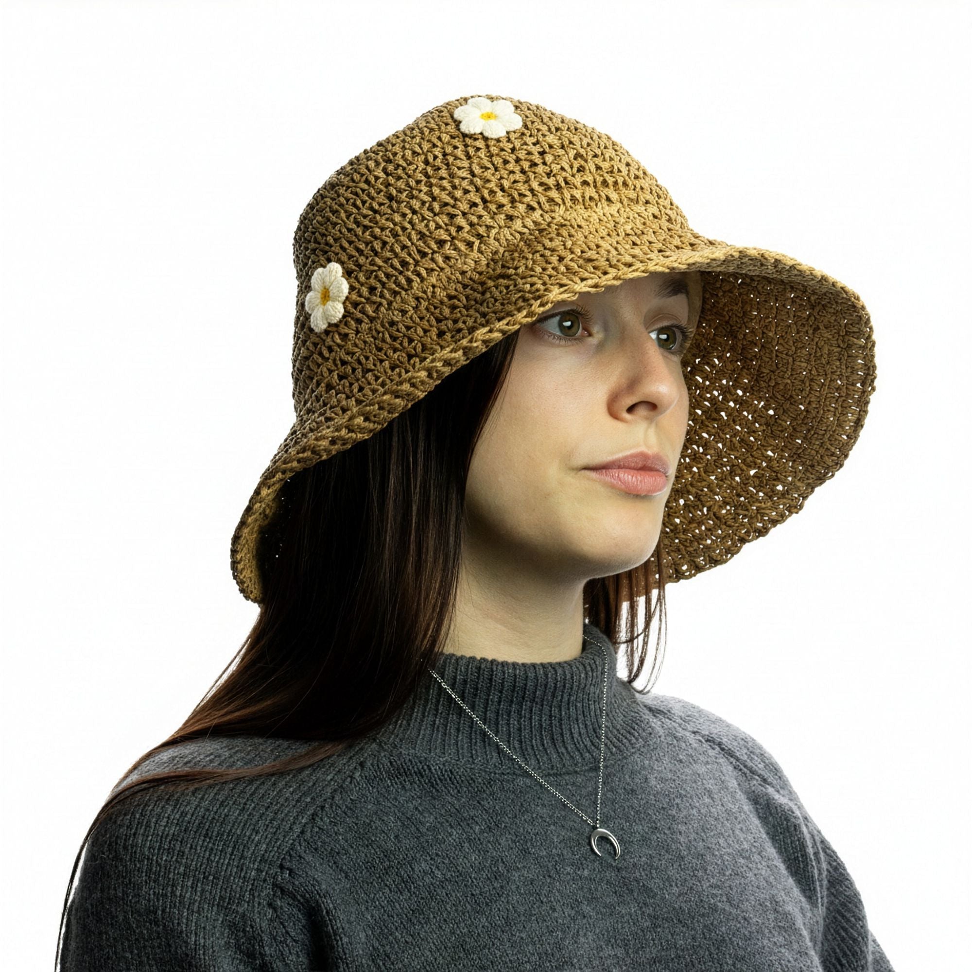 Nomad Sari Sombrero de Paja con Ala Flexible para Sol - Café y Daiseys