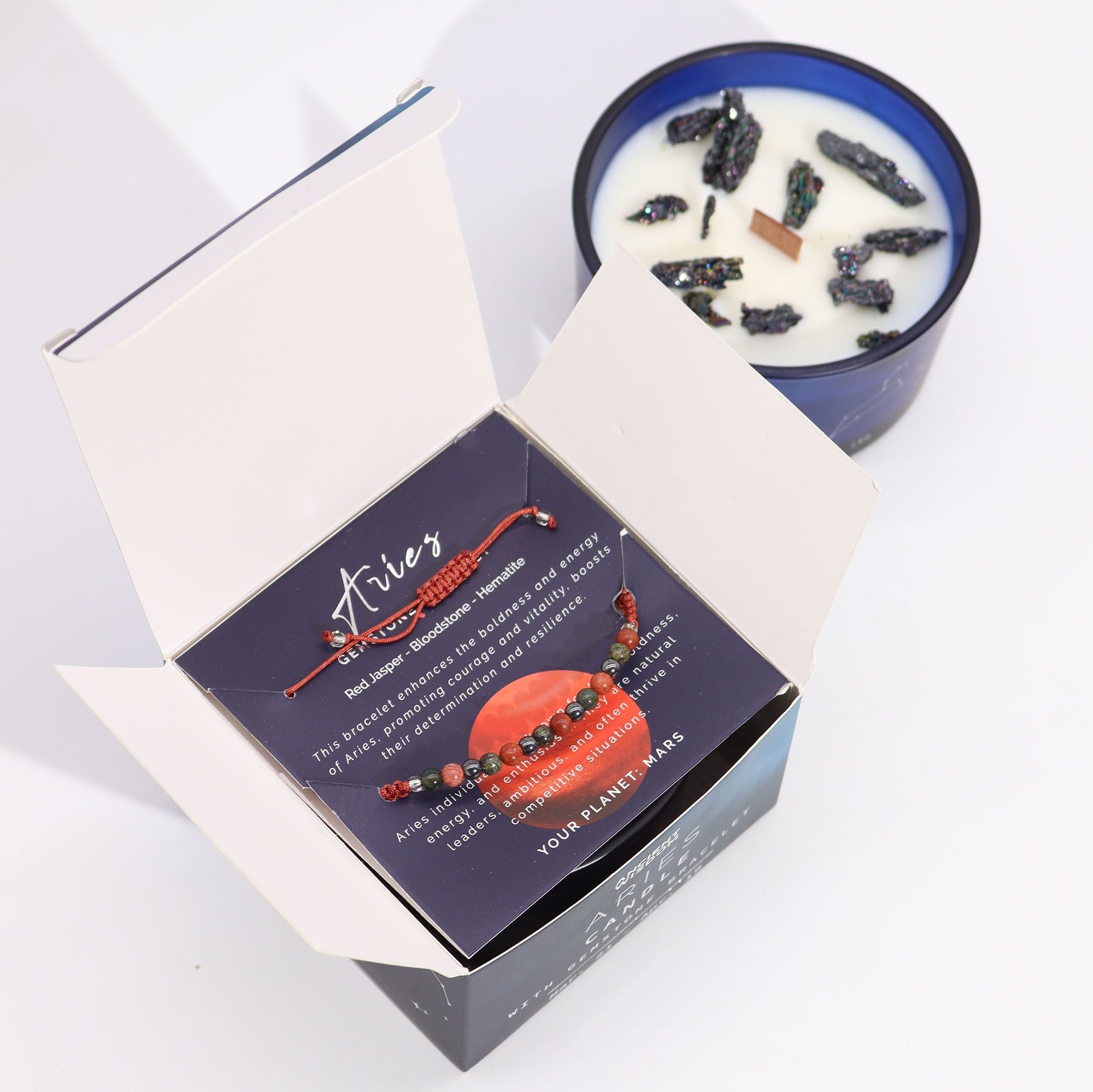 Vela de Cristal del Zodiaco con Pulsera de Piedras Preciosas - Aries