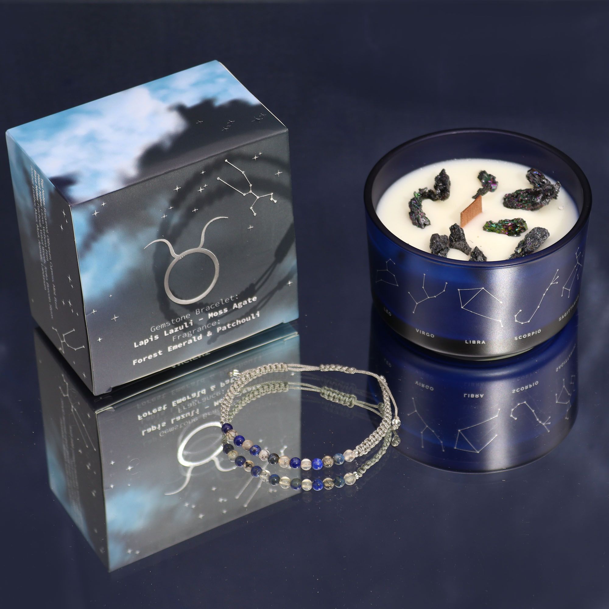 Vela de Cristal del Zodiaco con Pulsera de Piedras Preciosas - Tauro