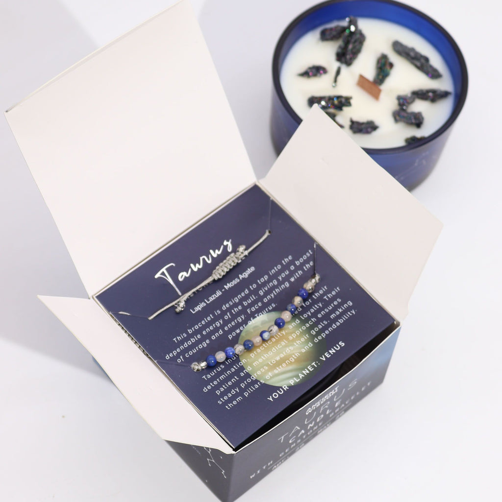 Vela de Cristal del Zodiaco con Pulsera de Piedras Preciosas - Tauro